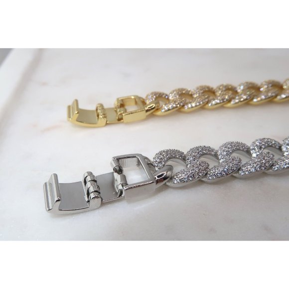 Gold Plated 12mm Pave Diamond CZ Cuban Link ID Bracelet, Cuban Link Bar Bracelet - Picture 3 of 8